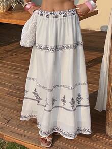 Livesso Rok A-Line Pinggang Elastis Motif Bunga & Geometris Bohemian, Elegan untuk Liburan, Pantai, Perjalanan, Musim Semi/Panas Gaya Boho - Putih - View 3