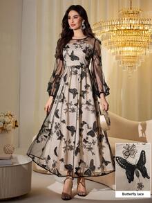 Modelyn Butterfly Jacquard Mesh Lantern Sleeve Cinched Waist Dress For Women - Black - View 6