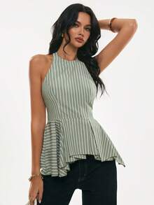 Poéselle 女士条纹印花不对称下摆露背吊带背心 - 綠色 - 查看 4