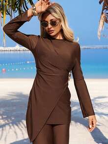 Swim Mulvari 女士两件套棕色优雅金属装饰扣全包臀阔腿泳裤，时尚春夏款 - 棕色 - 查看 4