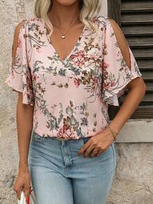 SHEIN Clasi 女士V领印花荷叶袖开衩下摆衬衫 - 粉色 - 查看 4