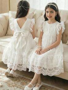 SHEIN Tween Girl Elegant Lace Cap Sleeve Ruched Dress, French Elegant Dress, Flower Girl Dress, White Dress - White - View 3