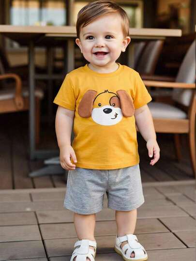 Cozy Pixies Baby BoyGirls 2pcs Set - Cute Puppy Graphic Tee With 3D Ear Decor & Elastic Waist Shorts, Soft Knit Fabric, Casual Outfit For Playtime, Sports, Holiday, Party Summer