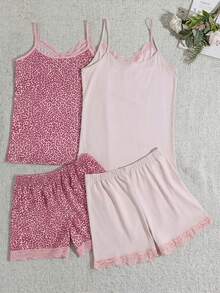 EURMUSE 2 Sets Lace Detail Solid Color & Leopard Patten Detail PJ Set - Multicolor - View 2