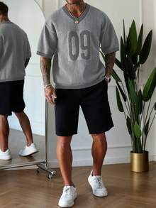 Manfinity Homme 男士休闲宽松针织套头衫，饰有数字图案，适合日常通勤和夏季穿着 - 灰色 - 查看 3