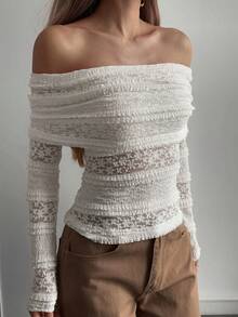 Livesso Women's Hollow Out Lace Top, Off-Shoulder Casual Vacation Street Style Crochet Beach, White Long Sleeve Top, Spring/Summer - White - View 2