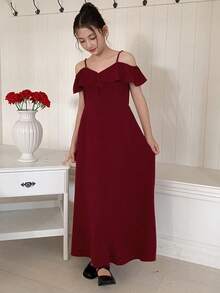 DAZY Tween Girl Solid Color Ruffle Trim Off-Shoulder Fashionable Dress Summer - Burgundy - View 3
