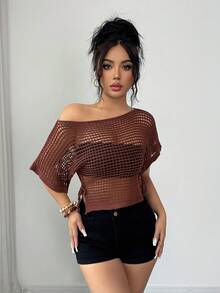 Rafferiza 女士性感镂空针织无袖毛衣背心，适合夏季度假 - 棕色 - 查看 6