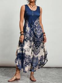 SHEIN LUNE 大码女士休闲无袖连衣裙，佩斯利印花，适合度假 - 彩色 - 查看 3