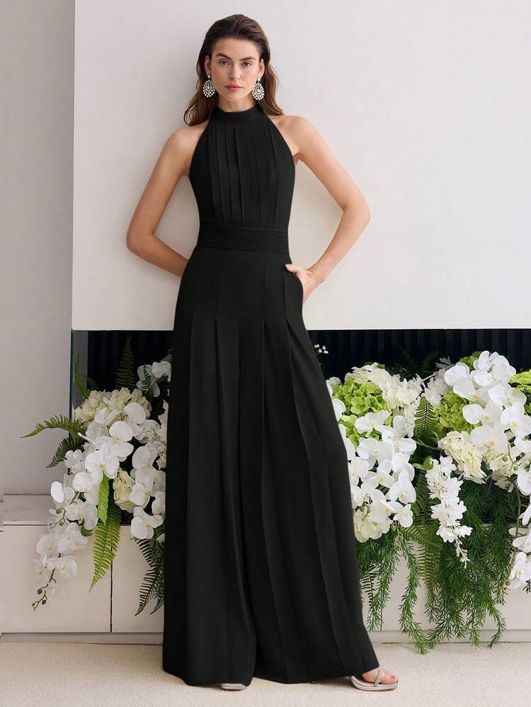 ELEGANT MINIMALIST SOLID COLOR PLEATED SIDE POCKET HALTER WIDE LEG JUMPSUIT