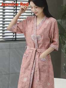 1 chiếc, Áo choàng tắm dài kiểu cổ điển, Áo choàng tắm bằng vải cotton gạc nguyên chất, Áo choàng tắm mùa hè, Thấm hút tốt, nhanh khô, Áo choàng tắm nữ, Khăn tắm có thể mặc được, Đồ ngủ mùa xuân và mùa hè, Vải gạc đôi, Đồ dùng phòng tắm, Đồ gia dụng - nhiều màu - Xem 9