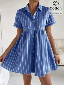 Siren Gaze 女士条纹单排扣休闲衬衫裙 - 寶藍色 - 查看 5