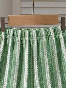 SHEIN Genkimix Kids 2pcs Young BoyTextured Stripe Knit Shirt And Shorts Set - Green - View 5