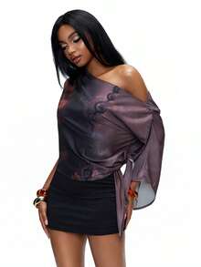 TypaGal 女士休闲斜肩印花衬衫 - 棕色 - 查看 1