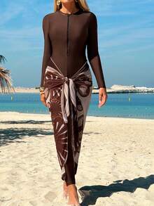 Swim Mulvari 新款棕色长袖防晒衣，复古印花系带网纱裙泳衣三件套 - 彩色 - 查看 3