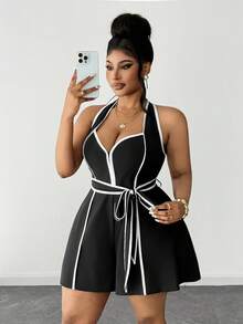 Maweii Plus Size Contrast Color Halter Sexy Cold Shoulder Jumpsuit - Black and White - View 4