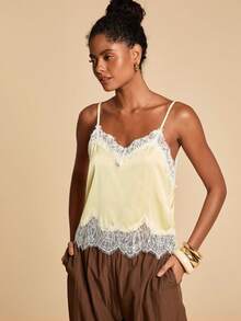 Travachic 女士夏季度假休闲蕾丝拼接吊带背心，女士度假休闲套装，夏季假期，春假，派对，海滩，春季，情人节，女士情人节，狂欢节服装，优雅，狂欢节，春夏交替，派对，夏季上衣，情人节上衣，女士婚礼宾客上衣，生日上衣，派对上衣，女士优雅上衣，夏季上衣，狂欢节服装，墨西哥风情女士波西米亚风上衣，缎面蕾丝边饰，黄色上衣 - 黃色 - 查看 4