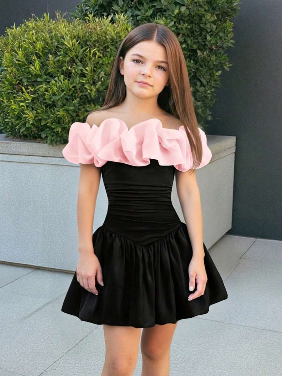 Firerie Kids Firerie Kids 青少年女孩秋冬優雅露肩拼色拼接燈籠下擺抓皺修身洋裝 誇張荷葉邊派對禮服 正式洋裝 - 淺粉色 - 查看 1