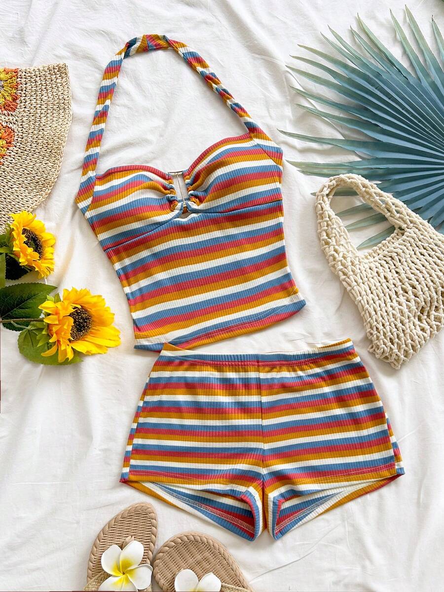 Soleia Women's Summer Vacation Casual Striped Halter Top & Shorts 2 Pieces Set - Multicolor - View 1