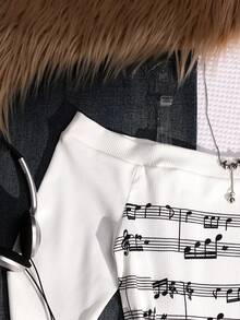 少女复古露肩长袖上衣，儿童笔记印花修身T恤，时尚百搭，条纹复古Y2K风格，质感面料，休闲百搭，姐妹礼物，适合返校季穿着，节日礼物，春、夏、秋季皆宜。 - 白色 - 查看 5