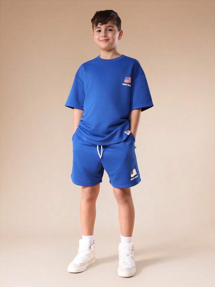 USA States Print Crew Neck Tee And Shorts Set