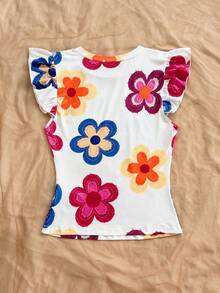 Soleia 休闲度假、西部海滩、婚礼宾客、毕业典礼、早午餐、圣帕特里克节、春假、复活节、音乐节 优雅波西米亚热带蓝白花卉印花荷叶边袖T恤吊带衫 - 彩色 - 查看 2