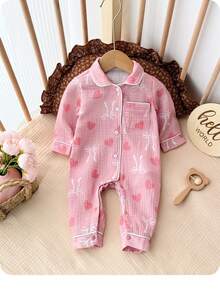 新生女宝宝可爱休闲粉色蝴蝶结图案翻领连体衣 - 彩色 - 查看 1