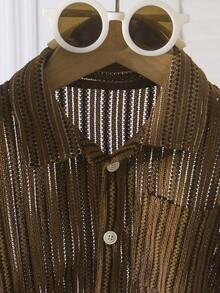 SHEIN 男童纹理面料 Polo 领纽扣短袖衬衫，休闲复古乡村度假卡其棕色舒适透气夏季衬衫 - 卡其色 - 查看 6