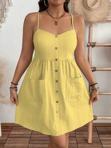 EMERY ROSE Plus Size Casual Daily Summer Pure Cotton Textured Fabric Pocket Waist Midi Strap Dress - Yellow - View 3