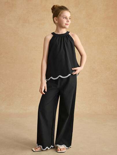 SHEIN Tween Girls Casual Vacation T-Shirt Set, Comfortable, Soft, Versatile, Suitable For Vacation, Travel And Other Occasions, Spring/Summer