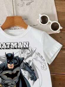 BATMAN X SHEIN 男童休闲卡通图案短袖T恤，可爱酷炫设计，适合夏季穿着 - 白色 - 查看 3