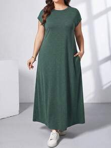 SHEIN Essnce 大码女装春夏时尚休闲弹力舒适日常百搭显瘦绿色短袖长连衣裙，带口袋，简约风格，夏季穿搭 - 綠色 - 查看 3