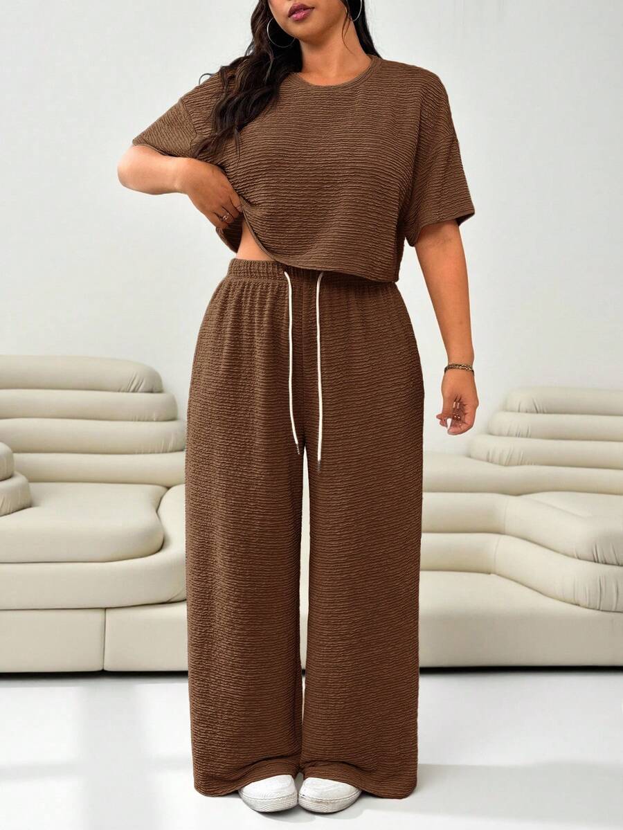Solflare Chocolate Brown Plus Size Women Crew Neck Short Sleeve Top And Drawstring Waist Wide Leg Pants Casual 2 Piece Set, Summer Outfits - Chocolate Brown - View 1