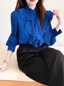 INAWLY Women's Solid Color Ruffle Collar Patchwork Frill Trim Long Sleeve Elegant Blouse - Blue - View 5