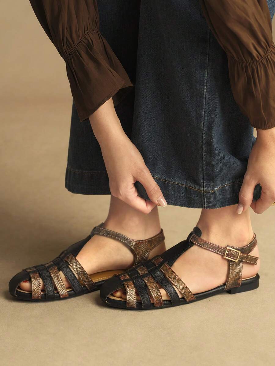 Rosivie 25 Spring/Summer New Hollow Woven Round Toe Retro Design Flat Women Shoes - Rust Brown - View 1