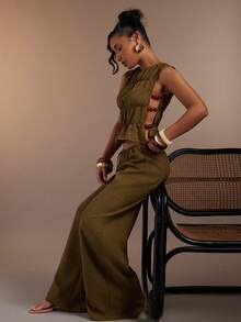 Hauture 女士性感休闲阔腿亚麻长裤 - 軍綠色 - 查看 1