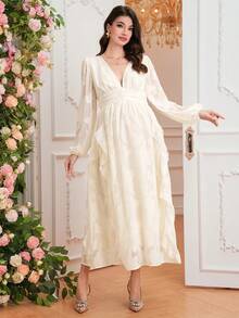 SHEIN Đầm dài tay thanh lịch cổ chữ V xếp nếp dành cho bà bầu dự tiệc - Màu be - Xem 3