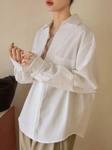 Dazy-Less 春夏蕾丝拼接长袖优雅休闲衬衫，适合约会、婚礼、通勤、商务休闲等场合。 - 米色 - 查看 4