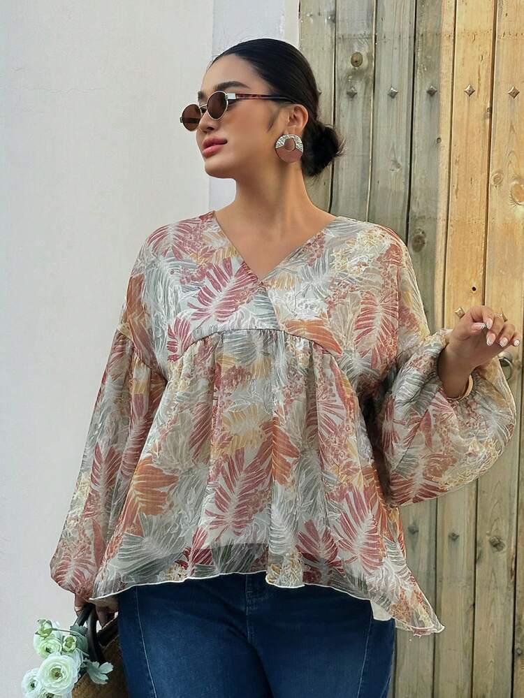 Dazy Plus Plus Size Women's Casual Fashionable Printed V-Neck Long Sleeve Shirt, Summer