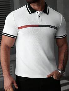 Manfinity Mode Men's Contrast Stripe & Letter Print Casual Short Sleeve Polo Shirt - White - View 1
