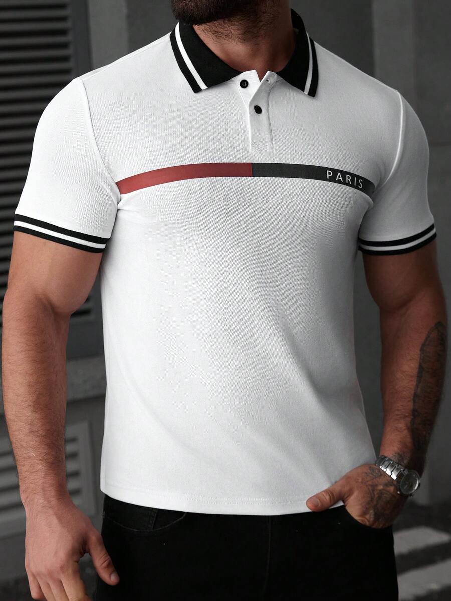 Manfinity Mode Men's Contrast Stripe & Letter Print Casual Short Sleeve Polo Shirt - White - View 1