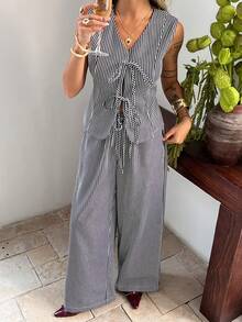 DAZY Spring/Summer Elegant Striped Sleeveless Jacket And Straight Leg Pants Set, Casual Commuting Outfit, Old Money Style For Women - Black - View 4