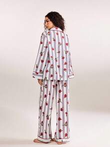 plantica Conjunto de pijama de manga larga con estampado floral y de rayas, estilo urbano casual y sexy, adecuado para vacaciones, citas, hogar, San Valentín, primavera/verano - Multicolor - Ver 2