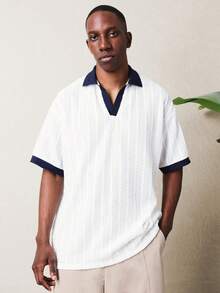 SUMWON Men's Collared Polo Shirt With Contrast Navy Trim Short Sleeve Textured Henley Style Summer Casual Top - White - View 1