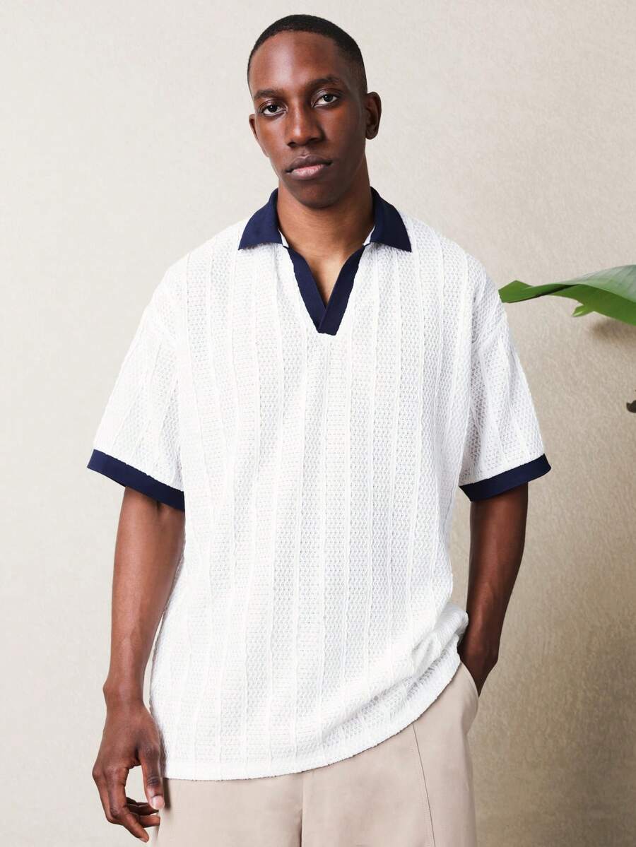 SUMWON Men's Collared Polo Shirt With Contrast Navy Trim Short Sleeve Textured Henley Style Summer Casual Top - White - View 1