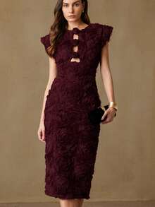 Aveloria Rosie Đầm voan ôm dáng xếp lớp, thêu đính cườm, viền bèo nhún, kiểu dáng mới. - Màu Đỏ Sâu - Xem 5