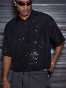 AXEPEAK 男士五角星图案短袖衬衫 - 黑色 - 查看 2