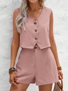 Wildy BOHO Women's V-Neck Button Front Vest Shirt With A-Line Hem Shorts, Cotton Washed Casual Vacation 2-Piece Set - Baby Pink - View 4