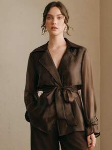 Anewsta 摩卡棕色时尚翻领系腰带修身短款夹克，百搭显瘦长袖，春夏款 - 摩卡棕 - 查看 1