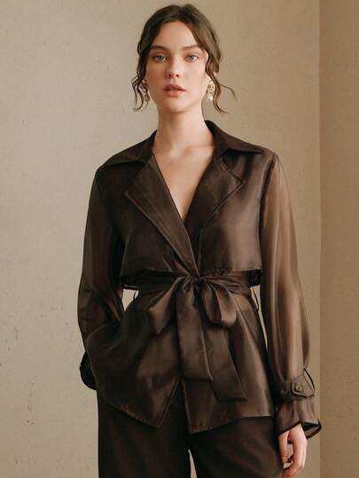 Anewsta Mocha Brown Fashion Lapel Tie-Waist Thin Design Jacket, Versatile & Slimming Long Sleeve, Spring/Summer